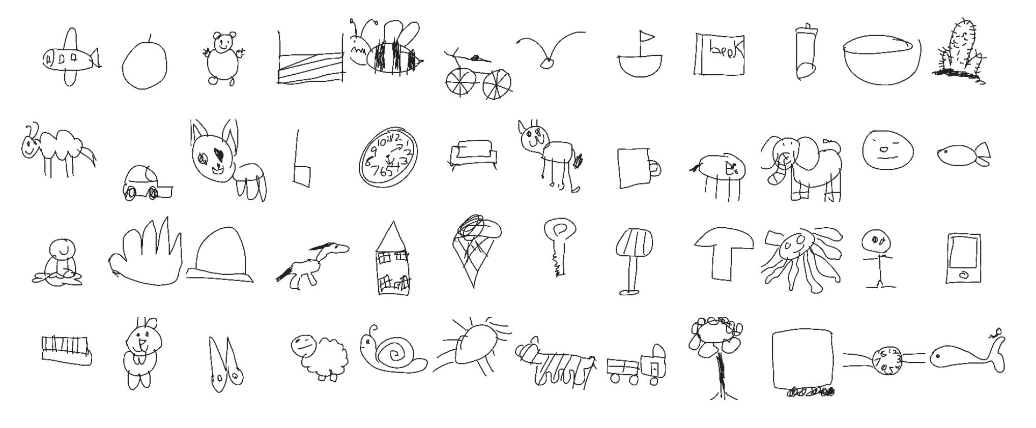 Examples of correctly classified drawings from each of the 48 categories presented at the experiment station in alphabetical order: airplane, apple, bear, bed, bee, bike, bird, boat, book, bottle, bowl, cactus, (2nd row): camel, car, cat, chair, clock, couch, cow, cup, dog, elephant, face, fish, (3rd row): frog, hand, hat, horse, house, ice cream, key, lamp, mushroom, octopus, person, phone, (4th row): piano, rabbit, scissors, sheep, snail, spider, tiger, train, tree, TV, watch, whale.