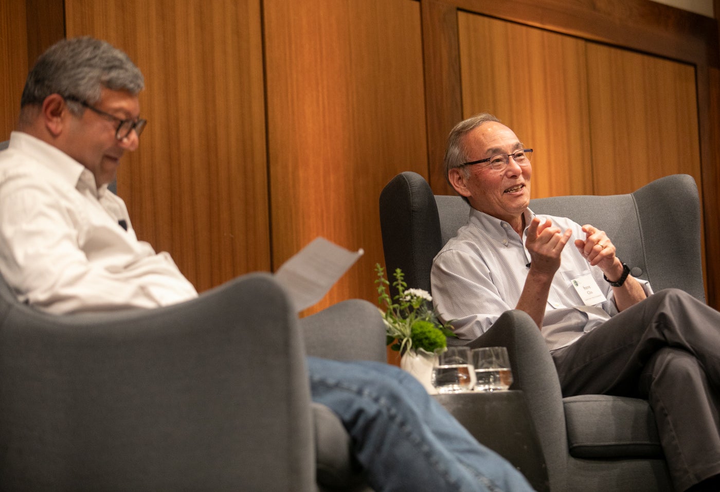 Arun Majumdar and Steven Chu discussed energy efficiency, nuclear fusion, national security, and more during a fireside chat.
