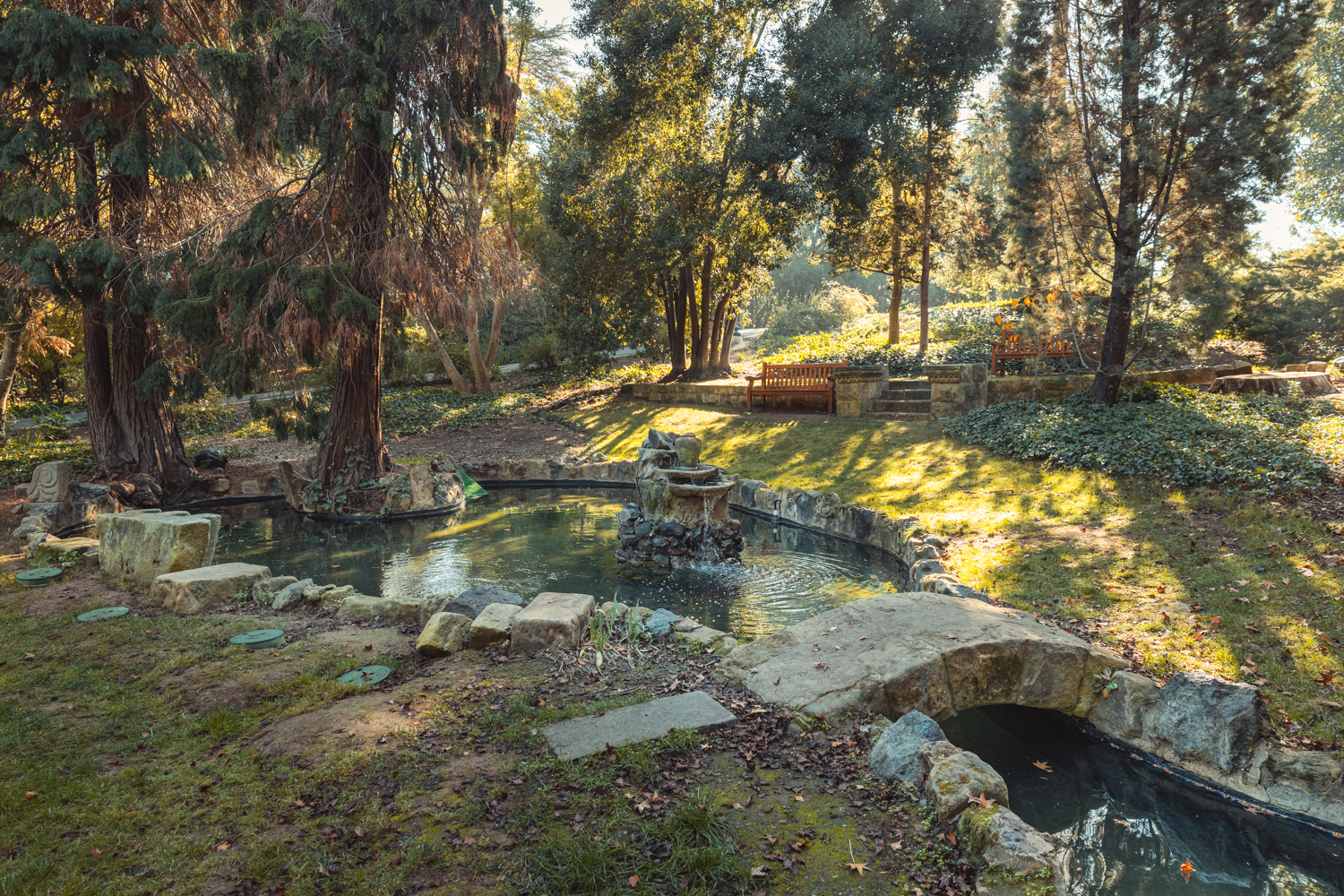Sun-dappled view of a pond bordered by stones of various shapes and sizes and crossed by a bridge
