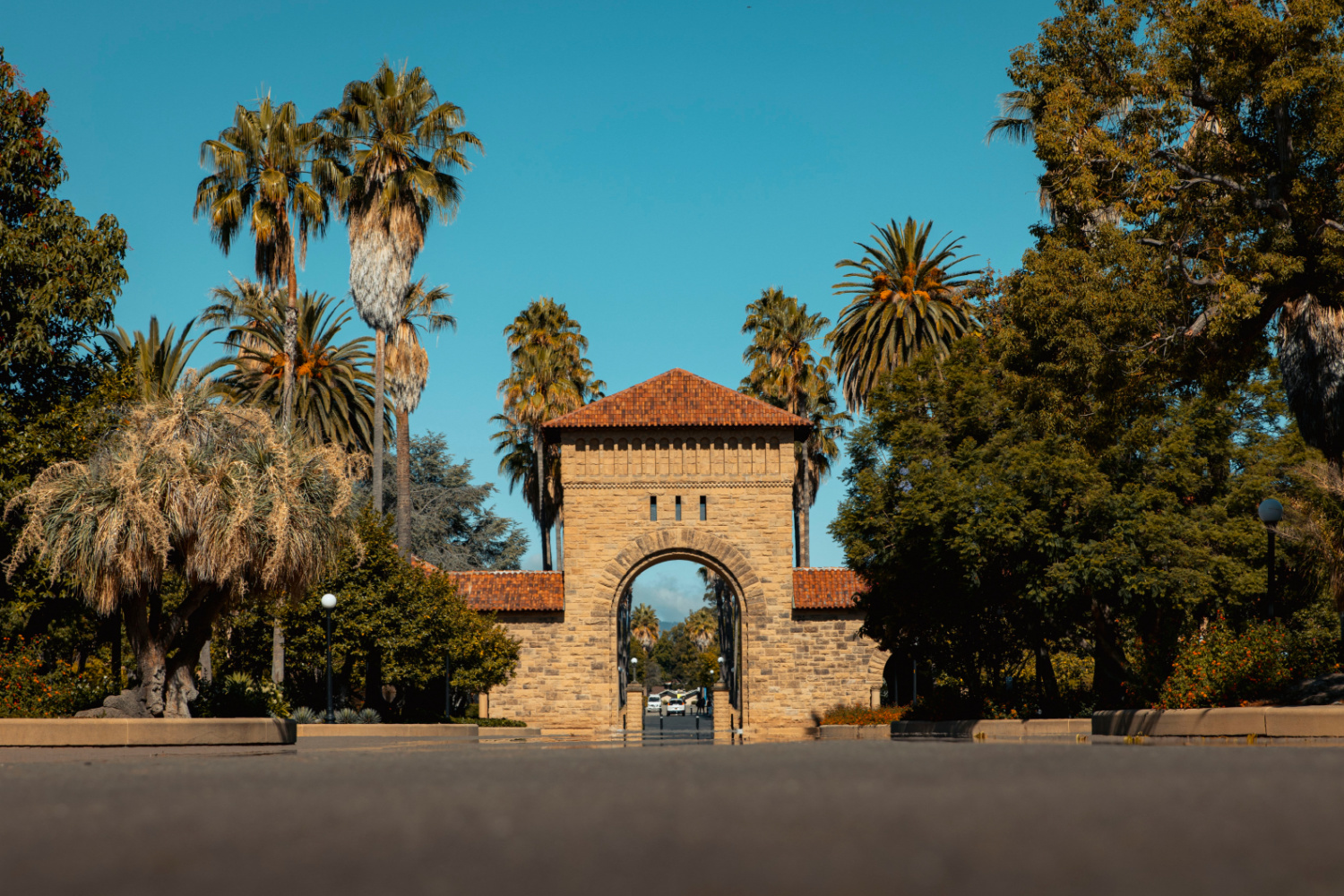 The West Gate of Stanford's Main Quad, sandstone with red tile roofing, stands flanked by palm trees on a clear day.