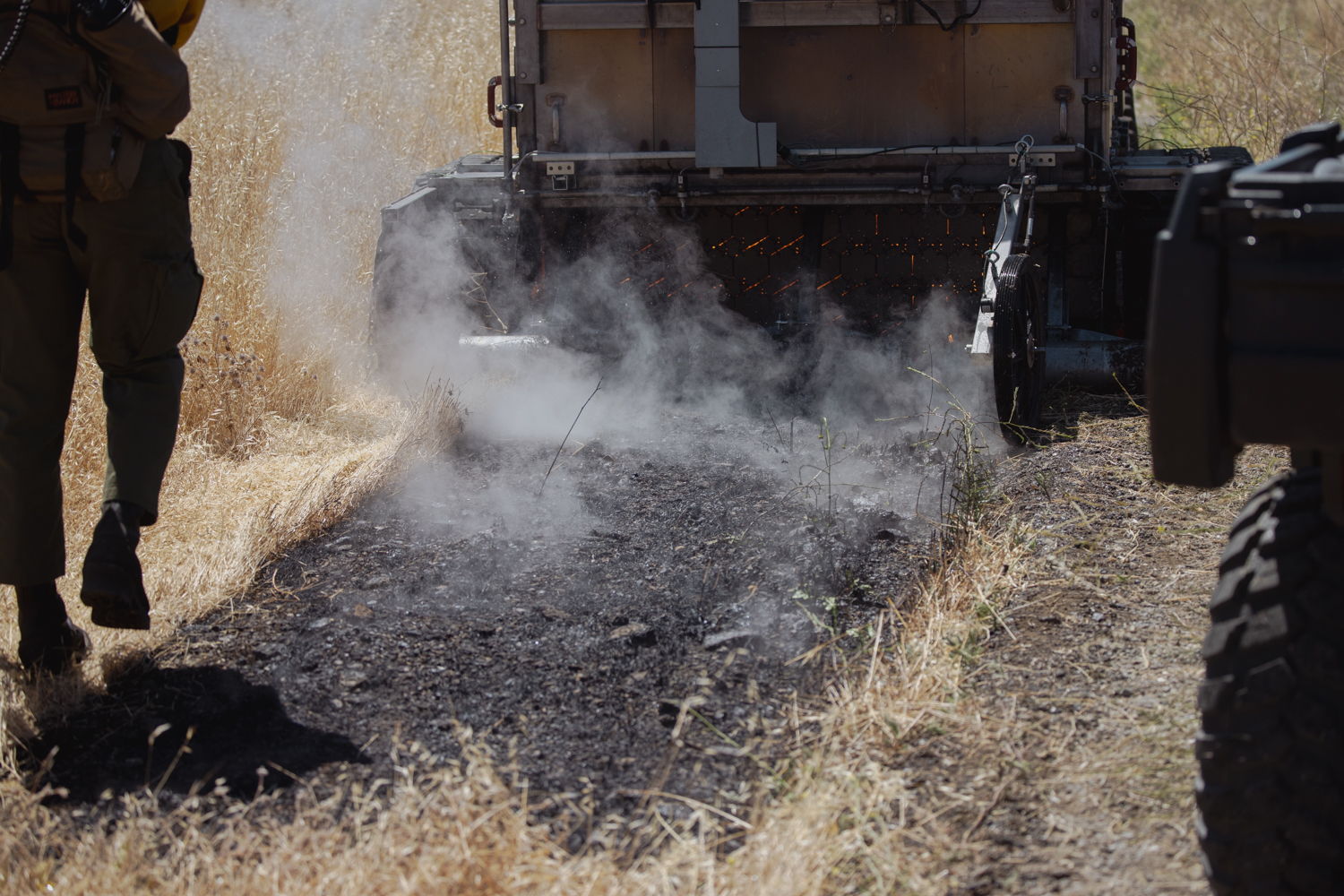 The BurnBot machine leaves scorched earth behind it.