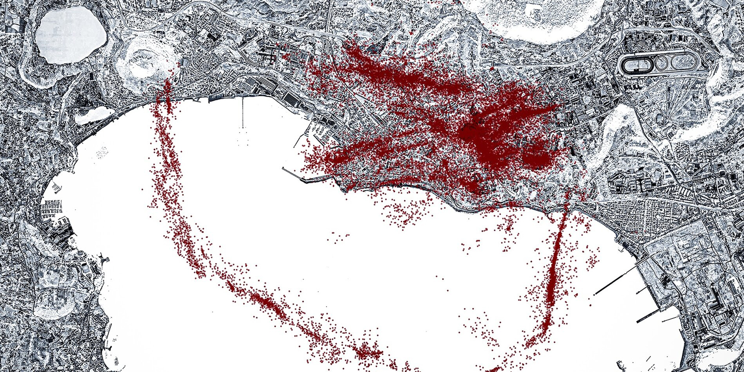 Satellite imagery of earthquakes that occurred in the Pozzuoli-Campi Flegrei region.