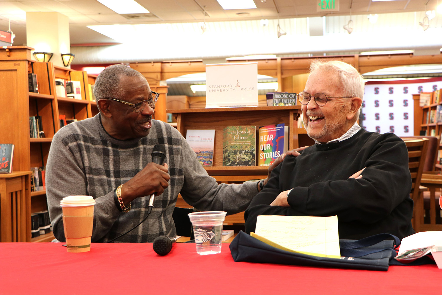 Dusty Baker and Bill Gould at a book talk in the Stanford Bookstore. 