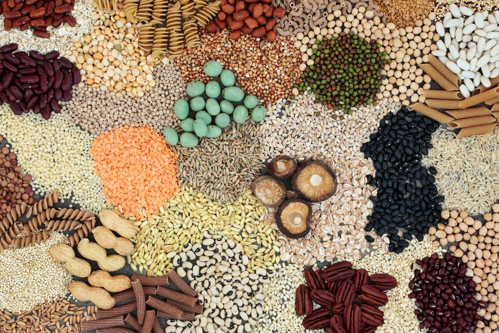 Overhead view of various legumes, grains, nuts, pasta, and dried mushrooms arranged in a colorful mosaic pattern.