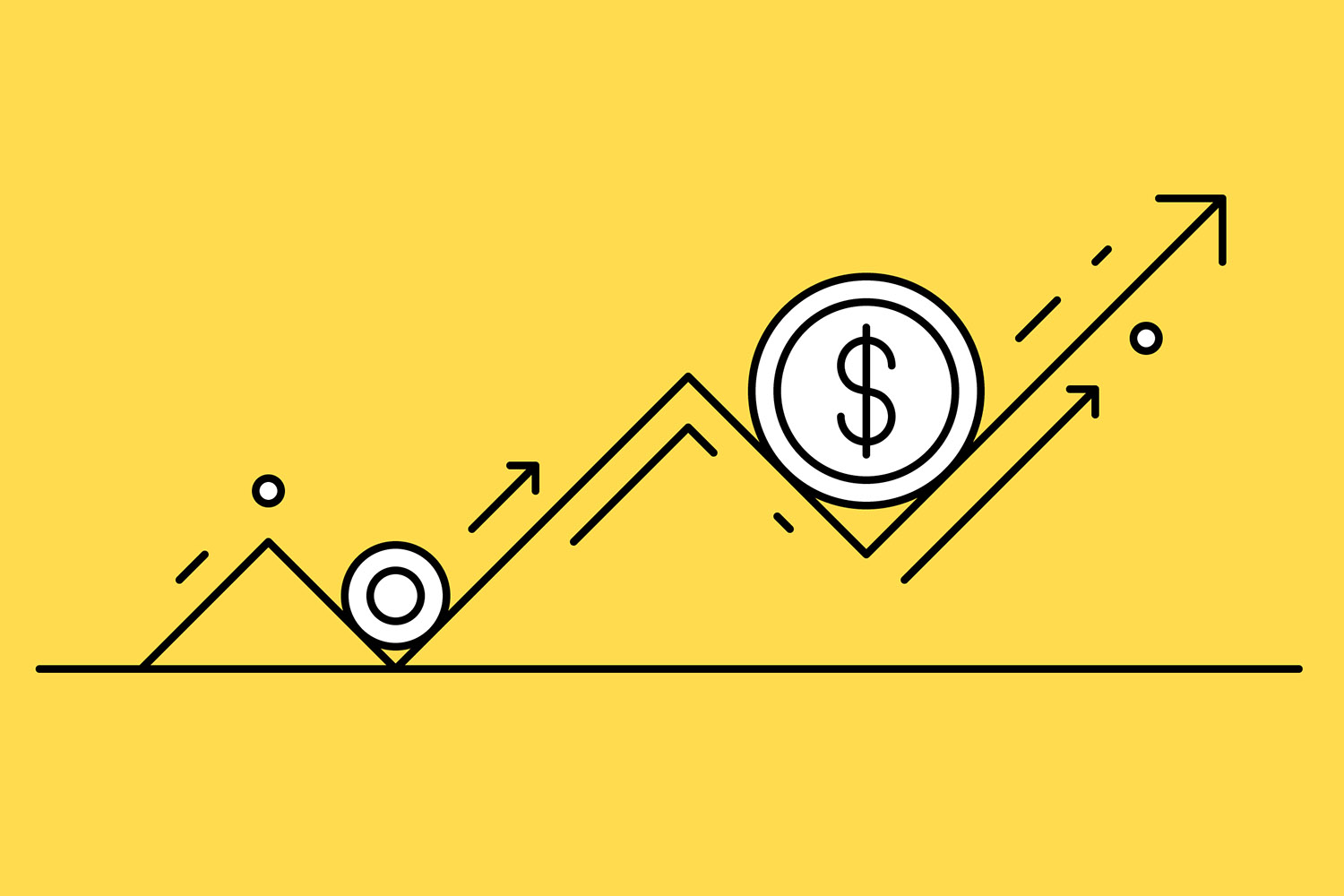A graphic illustration shows a dollar sign coin alongside an upward financial trend on a yellow background.