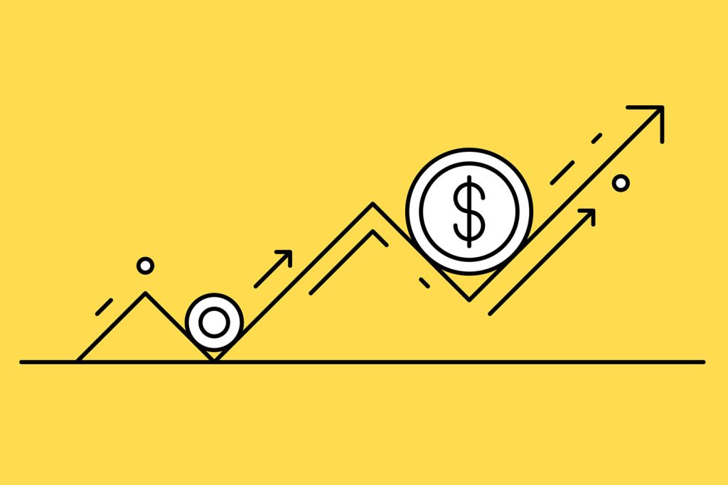 A graphic illustration shows a dollar sign coin alongside an upward financial trend on a yellow background.