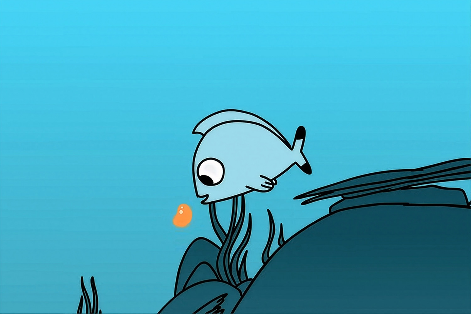 A cartoon fish with large eyes curiously approaches a small orange bubble, surrounded by simple underwater scenery.