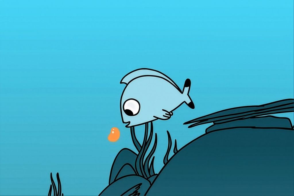 A cartoon fish with large eyes curiously approaches a small orange bubble, surrounded by simple underwater scenery.
