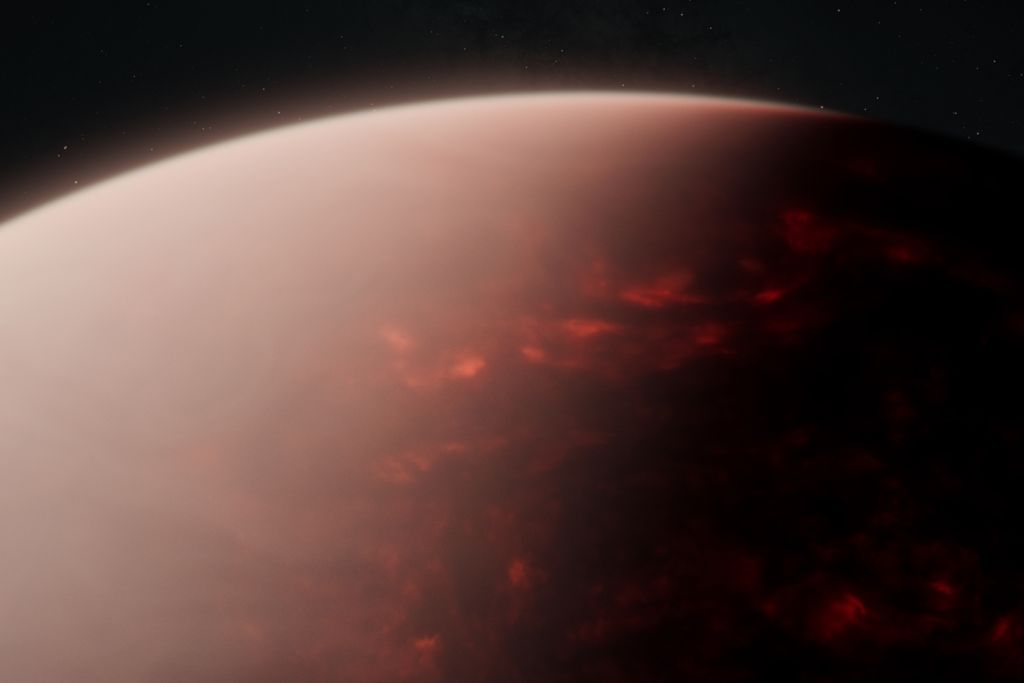 Concept illustration of a planet with a thick atmosphere and a vast magma ocean.