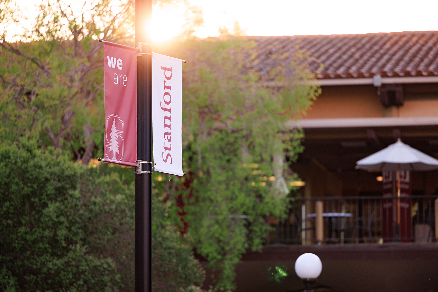 Two campus banners on a lamppost, one with the Stanford logo and one reading Stanford, glow in low sun in front of a tile-roofed building.