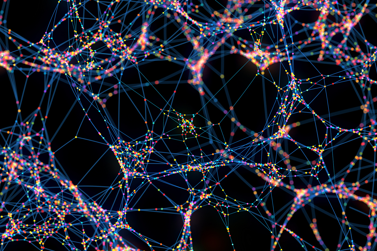 Abstract network of blue lines linking clusters of glowing red, yellow, and pink dots against a black background.