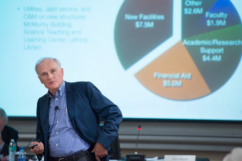 Tim Warner in front of a projected image of a pie chart