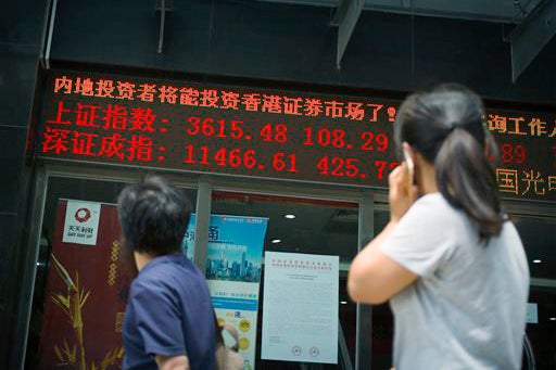 Beijing stock brokerage sign displaying values of Shanghai and Shenzhen stock indexes