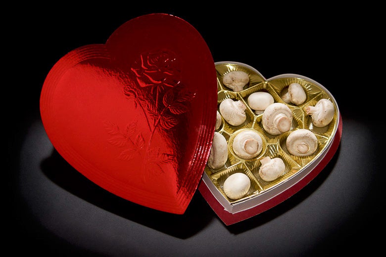 mushrooms instead of chocolates in a heart-shaped candy box