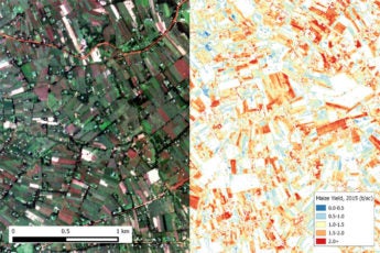 Image of maize farm plots in Western Kenya taken by Terra Bella satellites (left) and an agricultural yield map (right) generated from the same image using machine learning algorithms.