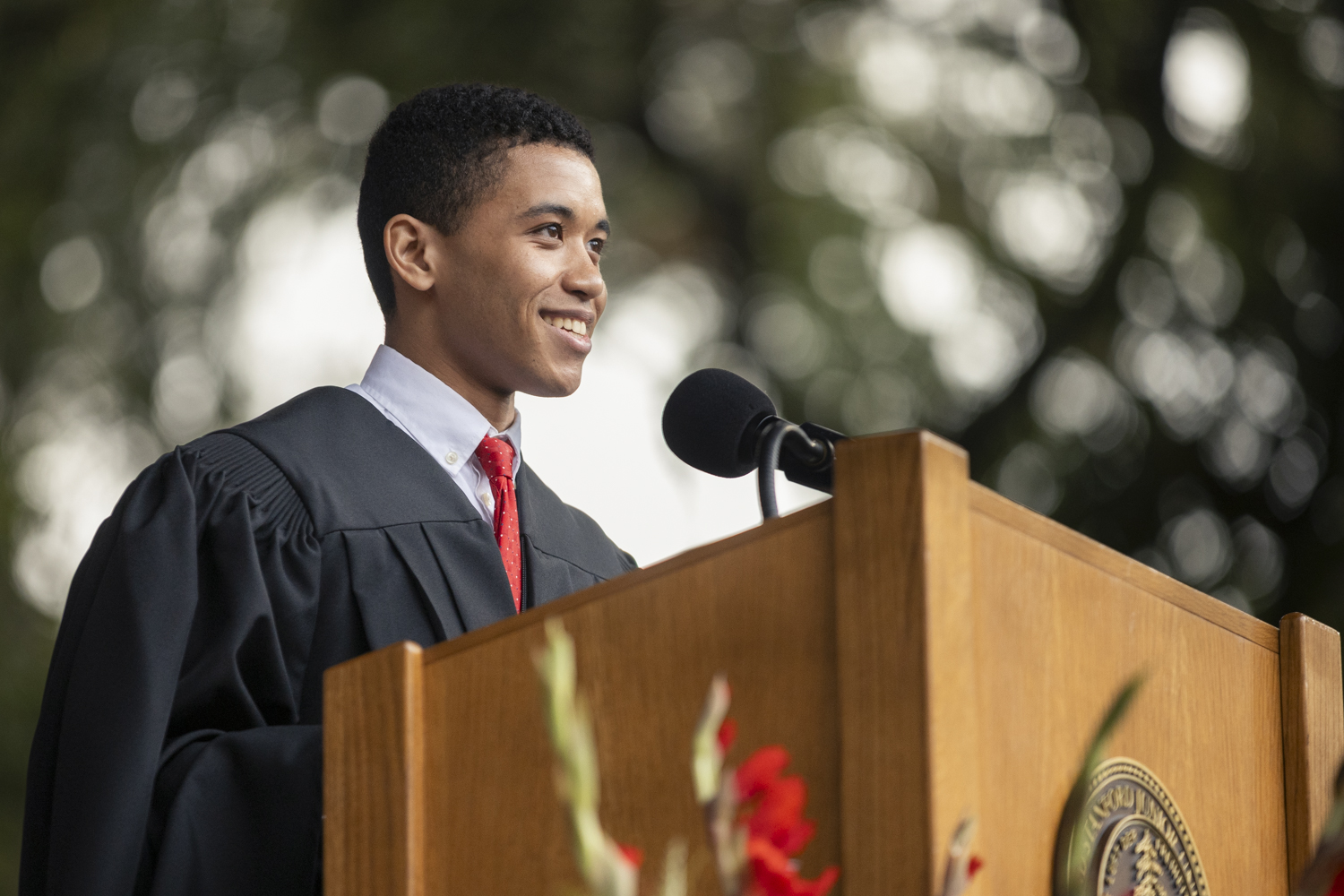 Student speaker Diego Kagurabadza giving a speech at 2024 Convocation.