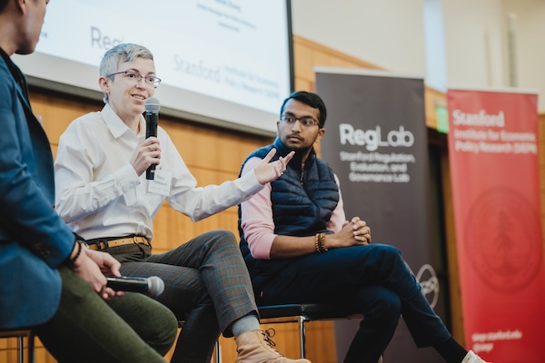 Riana Pfefferkorn speaks during a panel discussion at the California State Boot Camp on Artificial Intelligence.