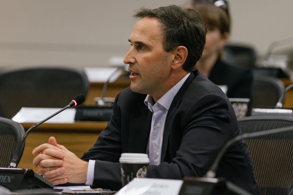 President Jonathan Levin addresses the Faculty Senate on Thursday, April 10, 2025.