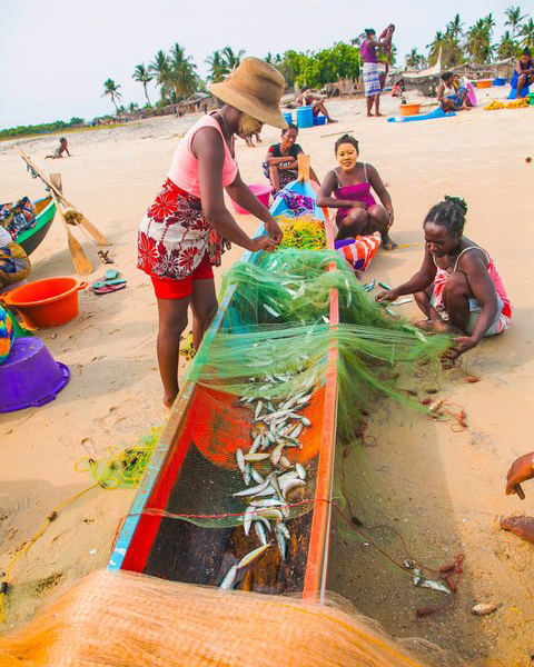 Women in Toliara Province, Western Madagascar, fold fishing nets after a catch.