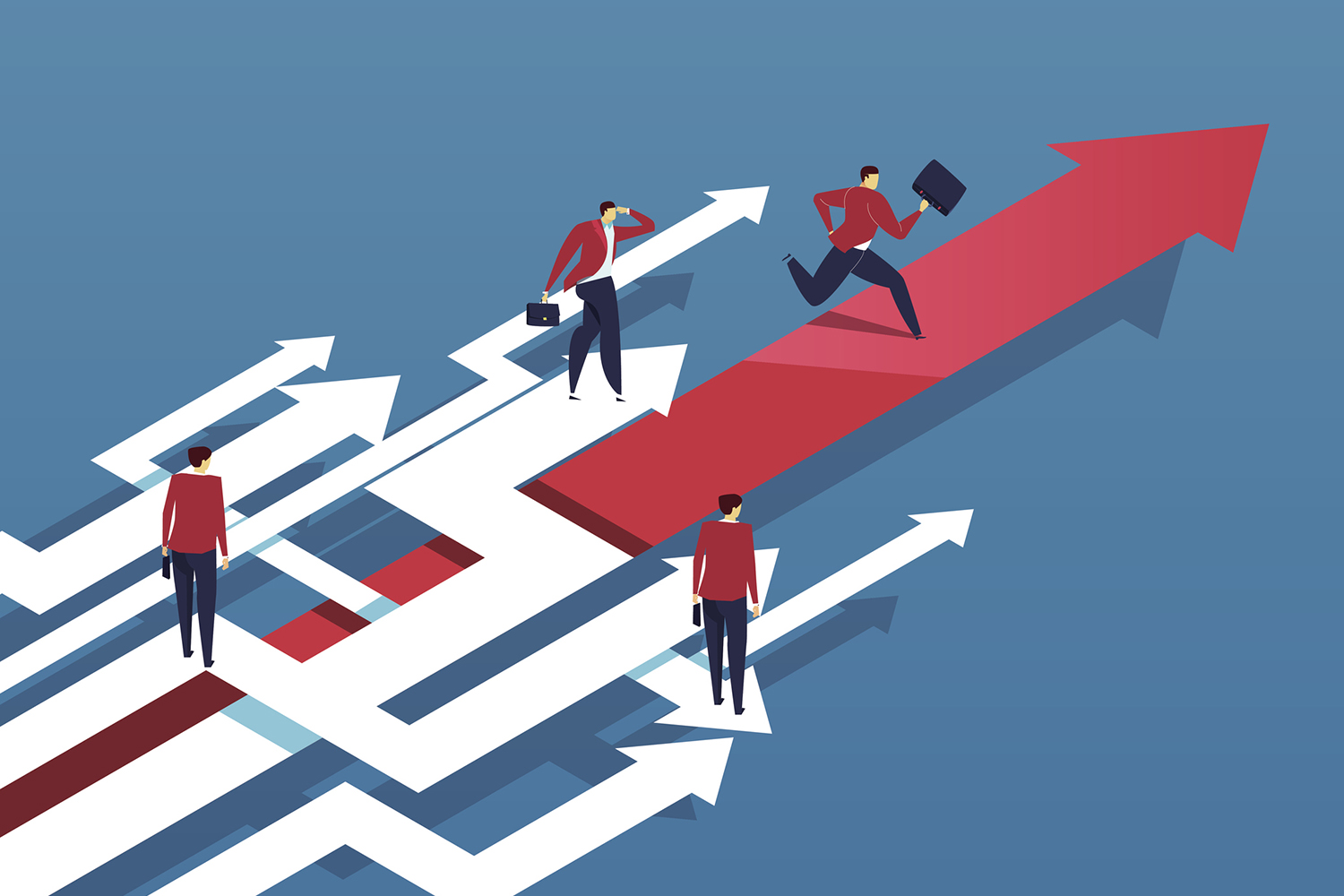 Illustration of businesspeople choosing paths on arrows, with one running up a red arrow toward success.