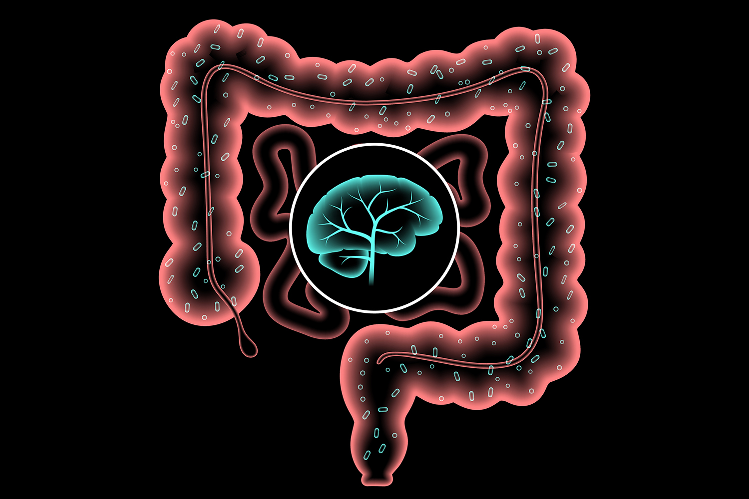 Illustration of the intestines with gut microbes surrounding a brain icon, representing the gut-brain connection.