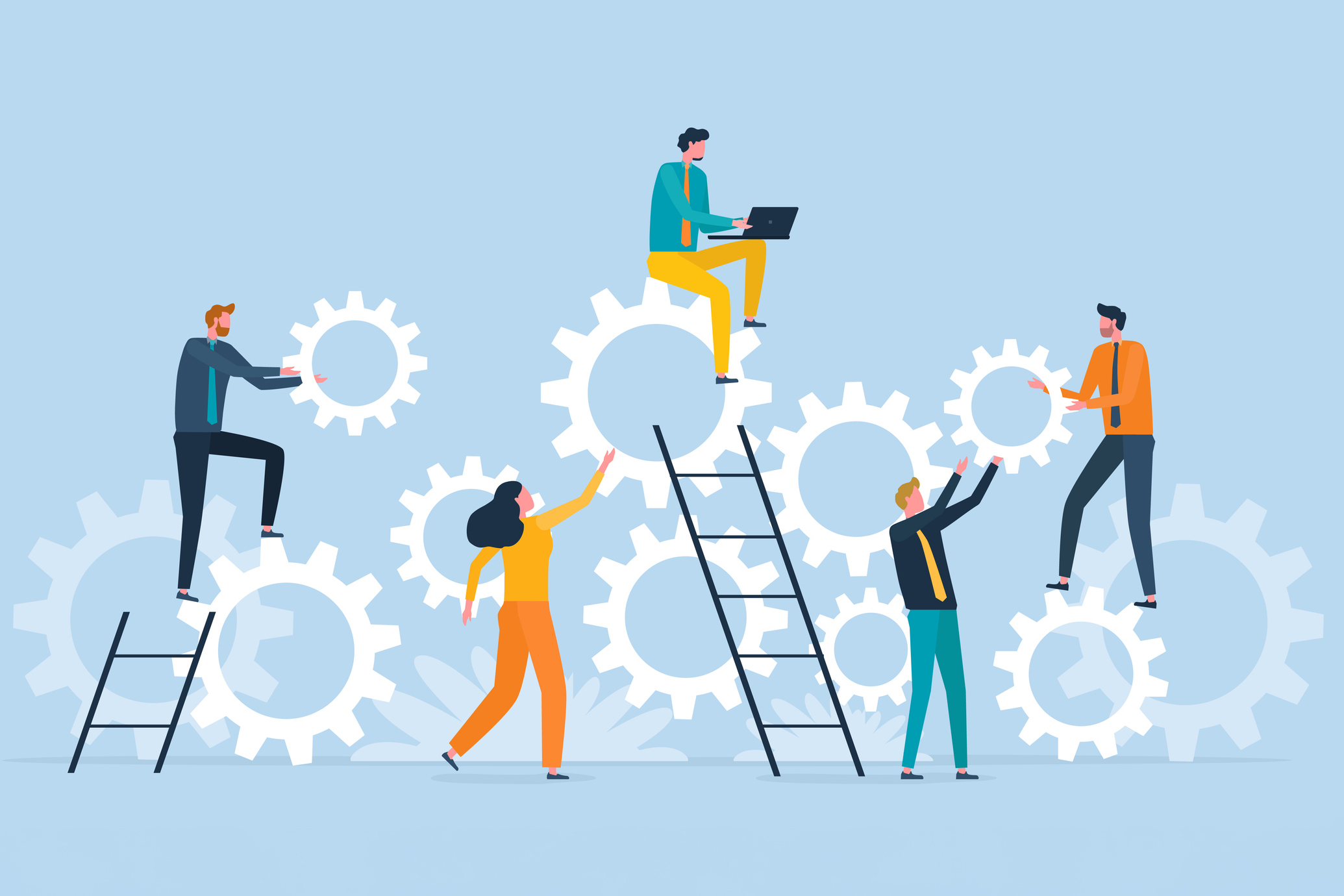 Illustration of five people working together to turn interconnected gears representing teamwork and collaboration.