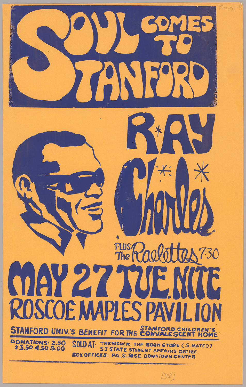 A black and orange poster promoting Ray Charles.