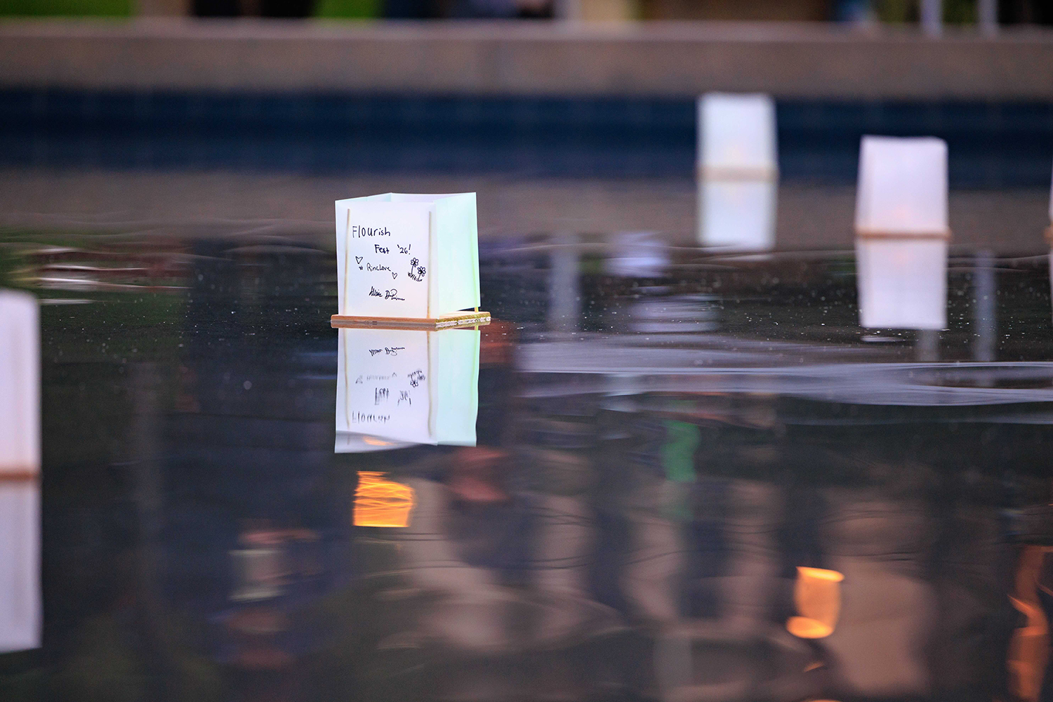 A floating lantern in a pool of water displays handwritten notes, reflecting light and surrounded by more lanterns.