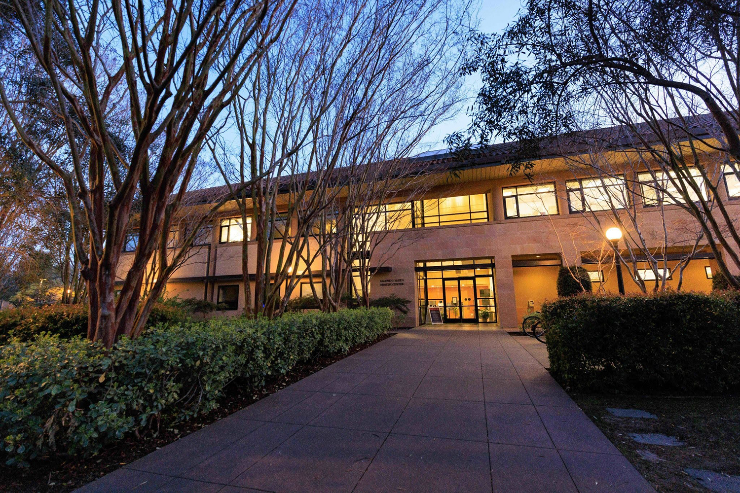 A modern building with large windows is lit up at dusk, surrounded by trees and shrubs, suggesting a welcoming environment.