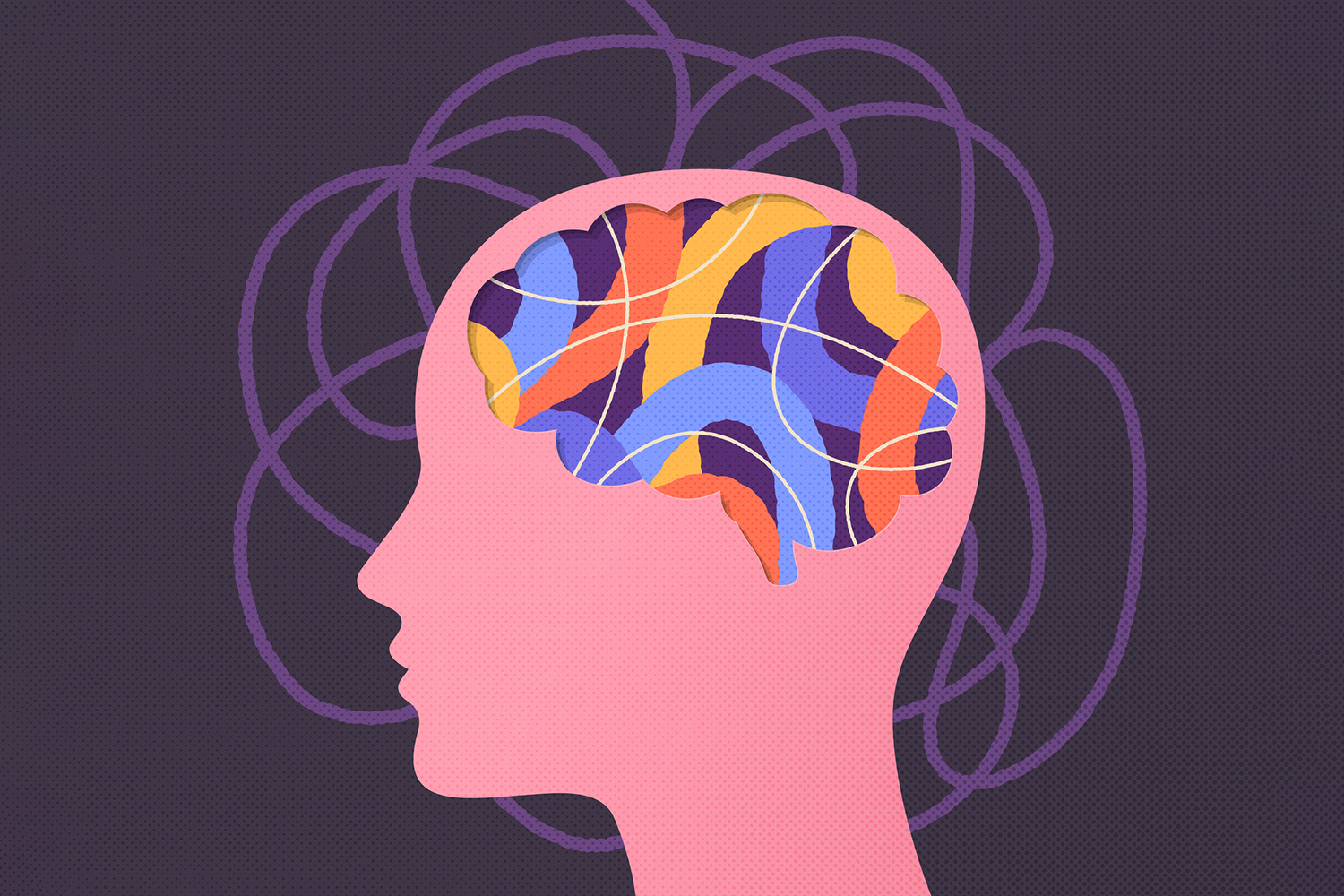 Illustration of a head with colorful tangled brain patterns, representing complex thoughts or mental health.