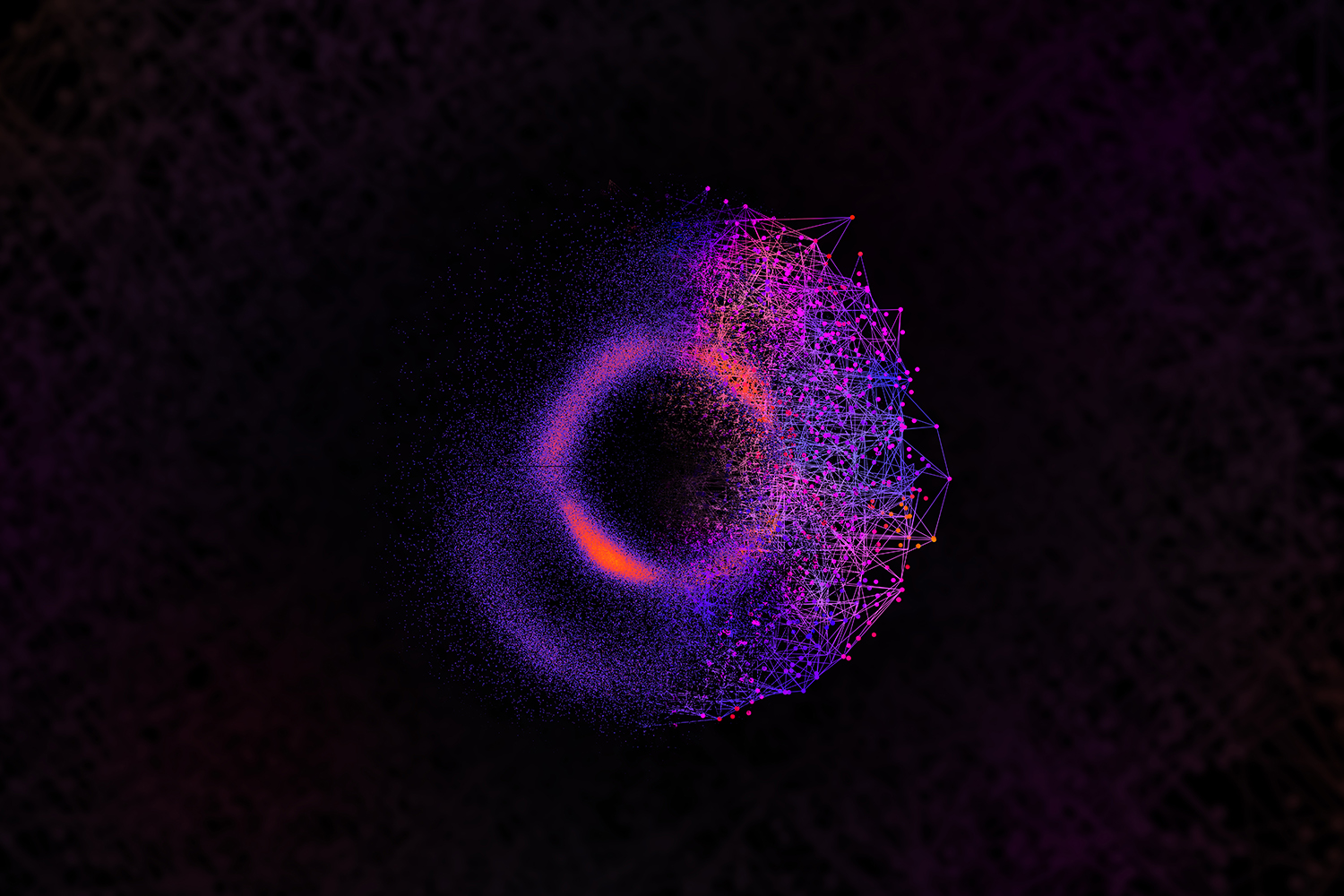 Glowing purple and orange ring partially connected by a web of pink and red network lines on a dark background.
