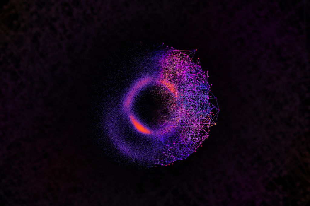 Glowing purple and orange ring partially connected by a web of pink and red network lines on a dark background.
