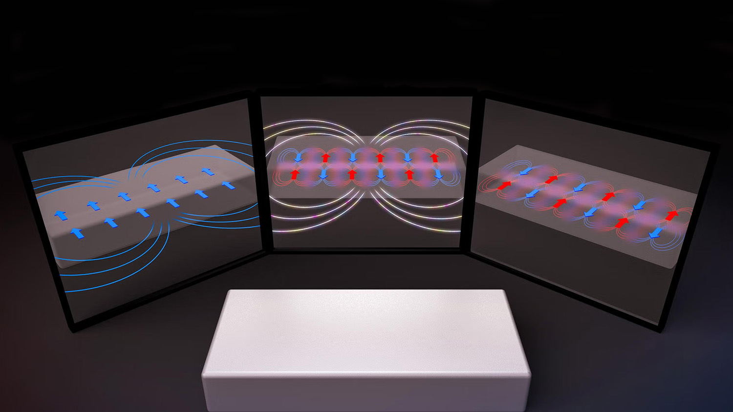 Three-panel illustration comparing magnetic spin patterns in materials, showing arrows and glowing field lines on panels arranged in a triptych.