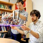 Hao Jiang, graduate student in the Cutkosky lab and lead author of the paper and Elliot Hawkes, MS ‘11, PhD ‘15, a visiting assistant professor from the University of California, Santa Barbara and co-author of the paper, hold the custom robotic gripper.