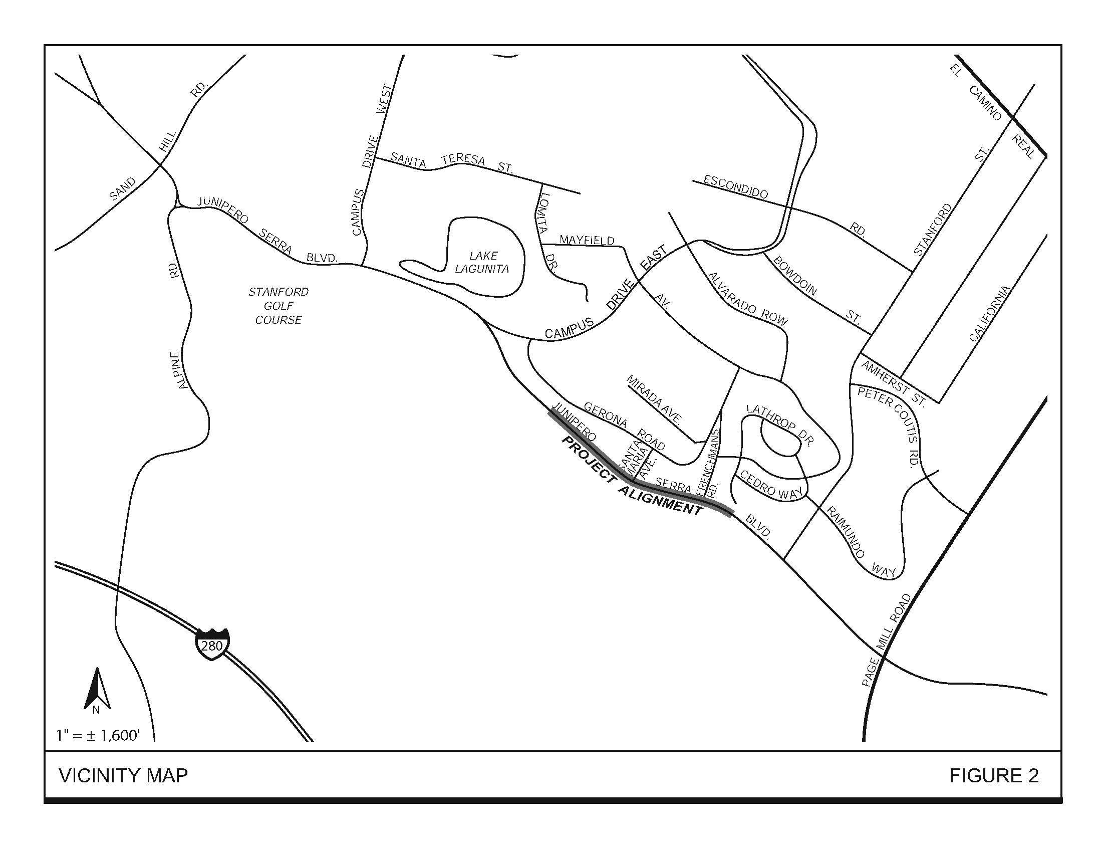 Map; A traffic-calming project along a portion of Junipero Serra Boulevard between Stanford Avenue and Campus Drive East will improve safety for local residents and those traveling along the busy roadway.