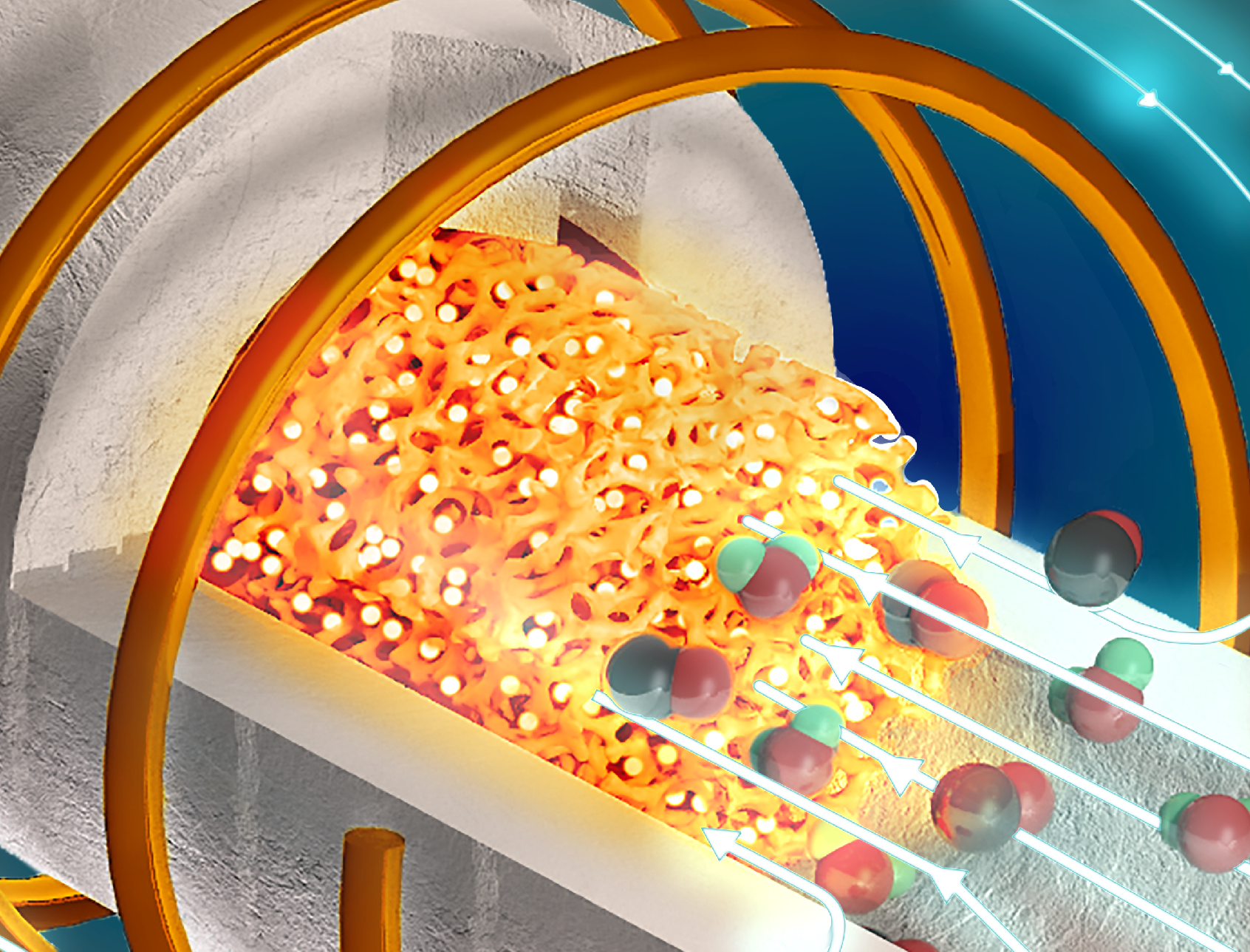 Illustration depicts the inductively heated metamaterial reactor with catalysts permeating the ceramic foam baffle. It is producing carbon monoxide and water from the reverse water gas shift reaction. 