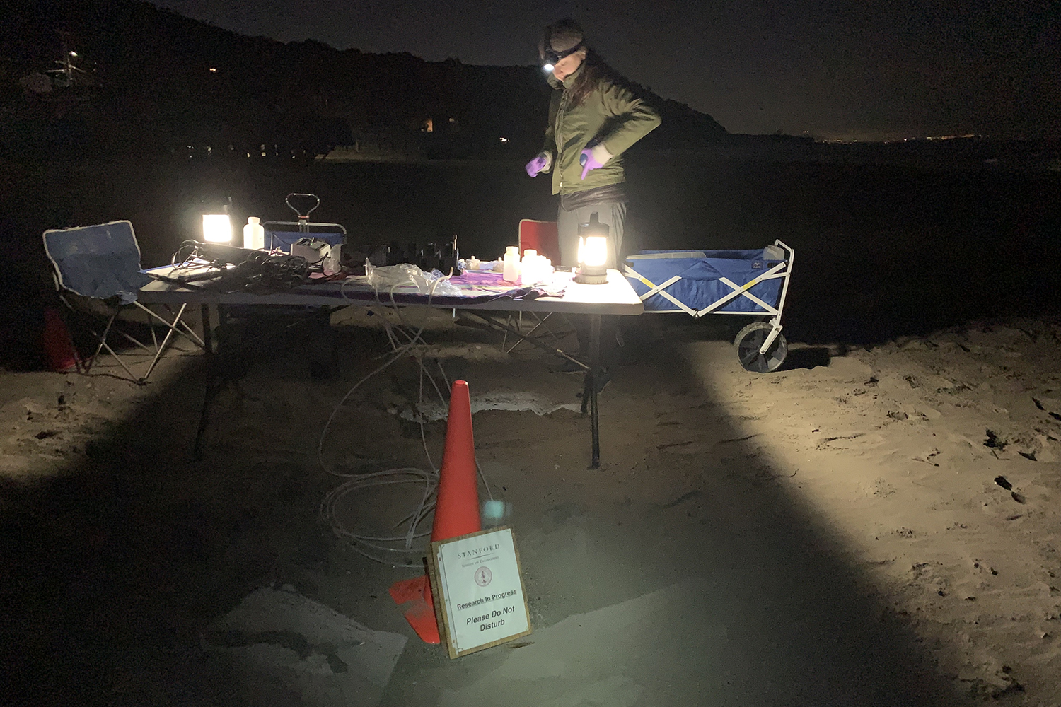 Pictured is Kathryn Langenfeld recording data during nighttime sampling of beach groundwater.