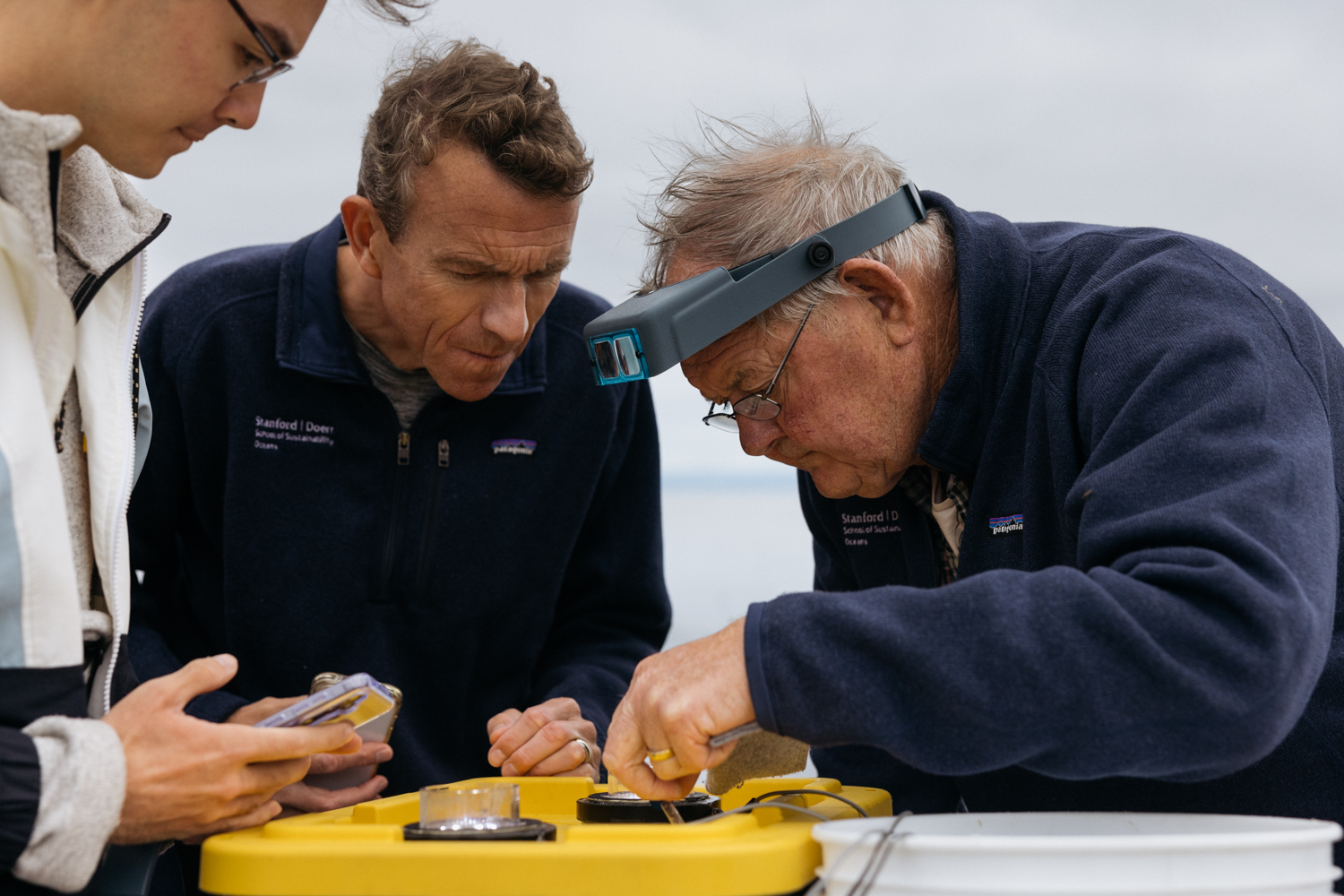 A picture of William Gilly, Dylan Hyun, and Chris Francis hunched over and closely examining a sample of seawater.