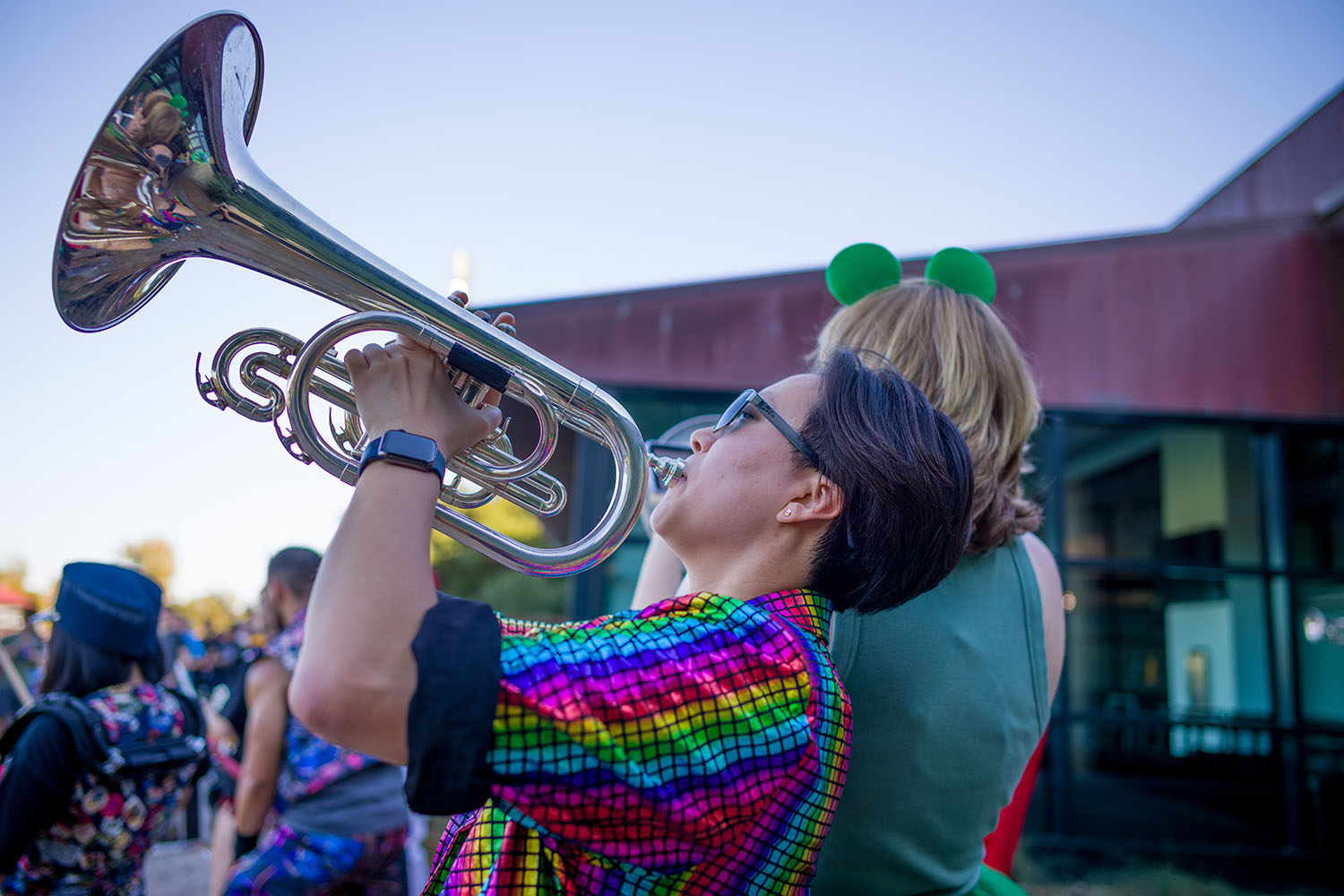 Member of LSJUMB plays trumpet.