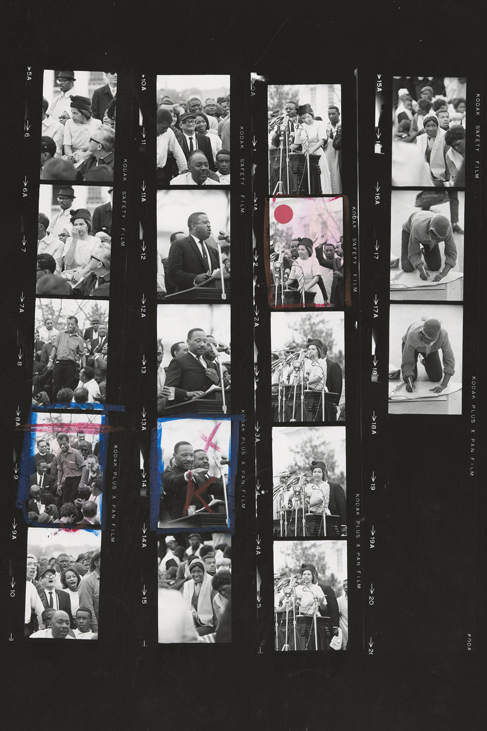 Contact sheet of images from 1965 event including speakers Martin Luther King and Rosa Parks, among others.