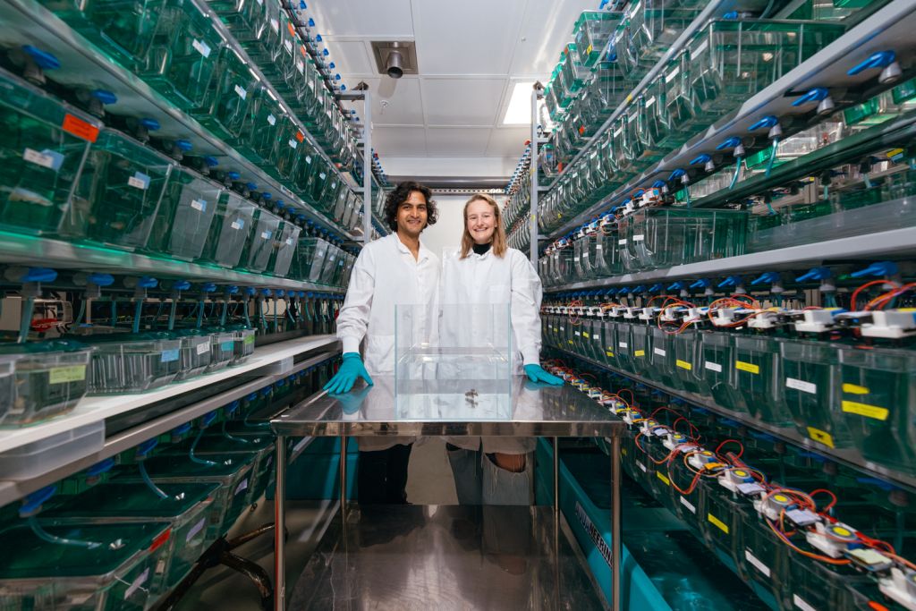 Ravi Nath and Claire Bedbrook in lab coats stand at a table with an aquarium, surrounded by shelves of glass tanks filled with equipment.
