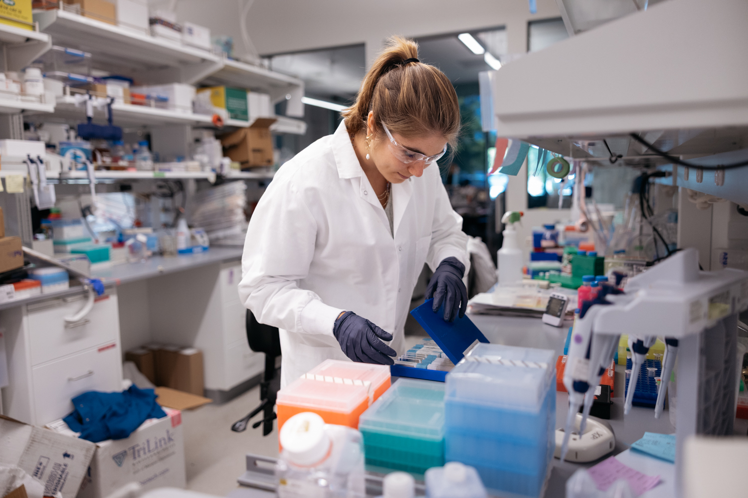 Heloise Hoffmann in a lab coat organizes samples in an array of colorful containers in a busy laboratory.
