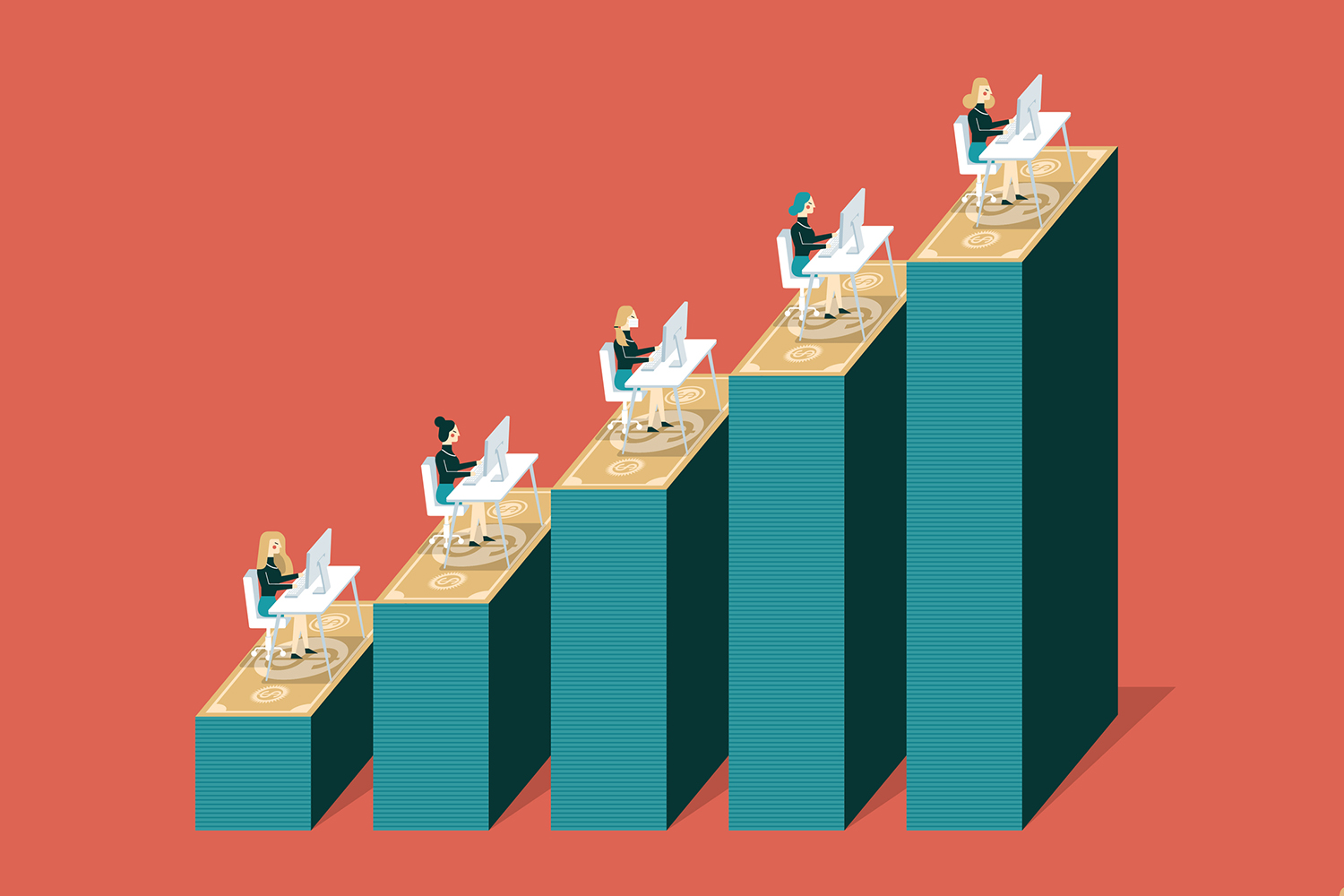 Illustration of several people work at computers positioned on increasing stacks of money.