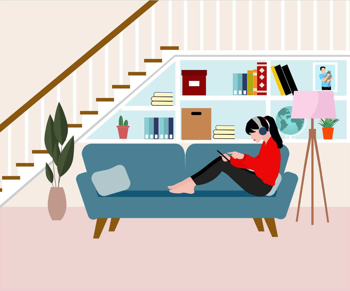 Illustration of a young girl on her smart phone at home