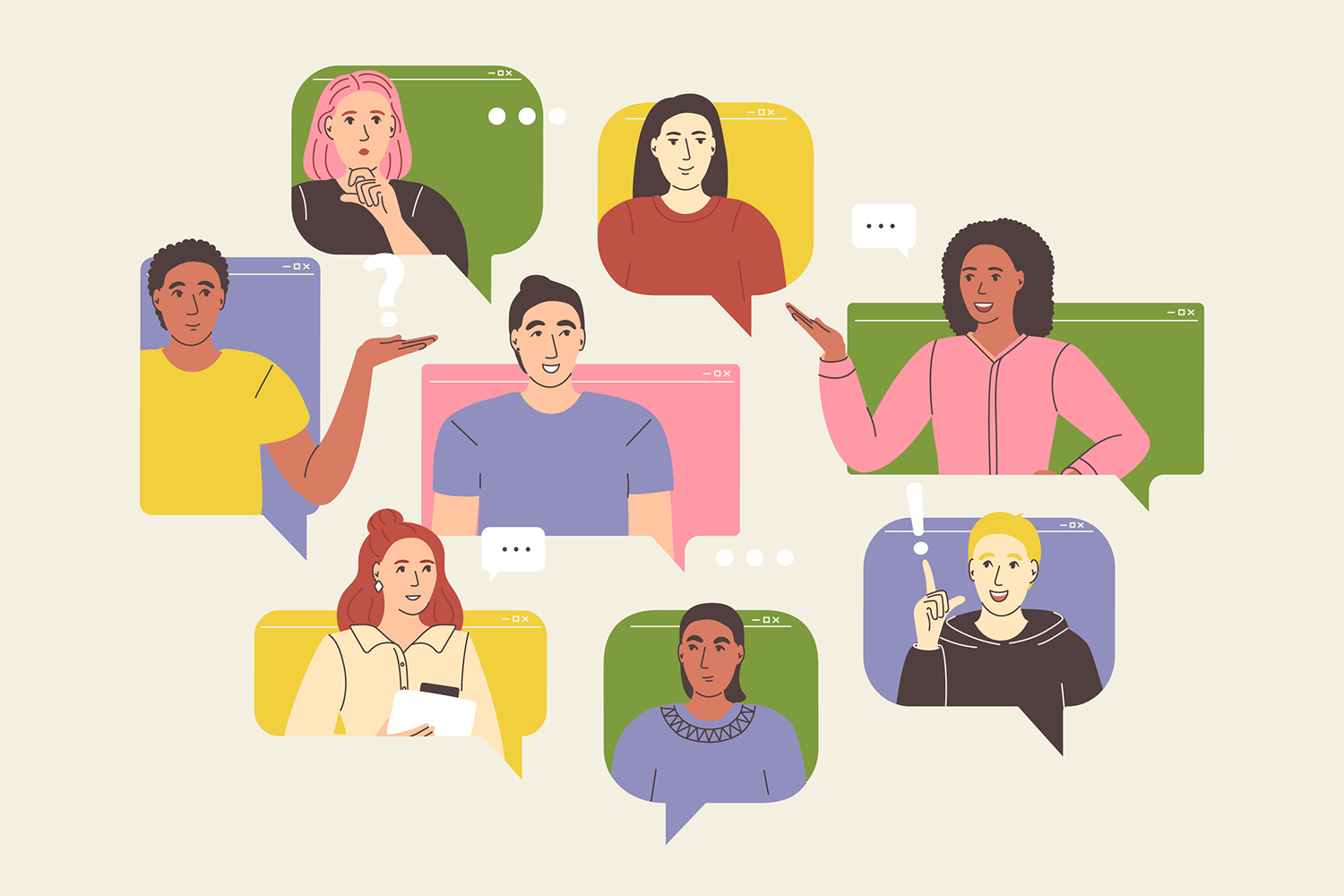 Illustration of eight diverse people at colorful backgrounds shaped like speech bubbles, chatting and gesturing.