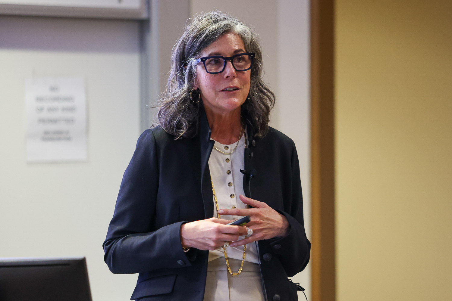 Whitney McNair stands in front of the Faculty Senate while giving a presentation