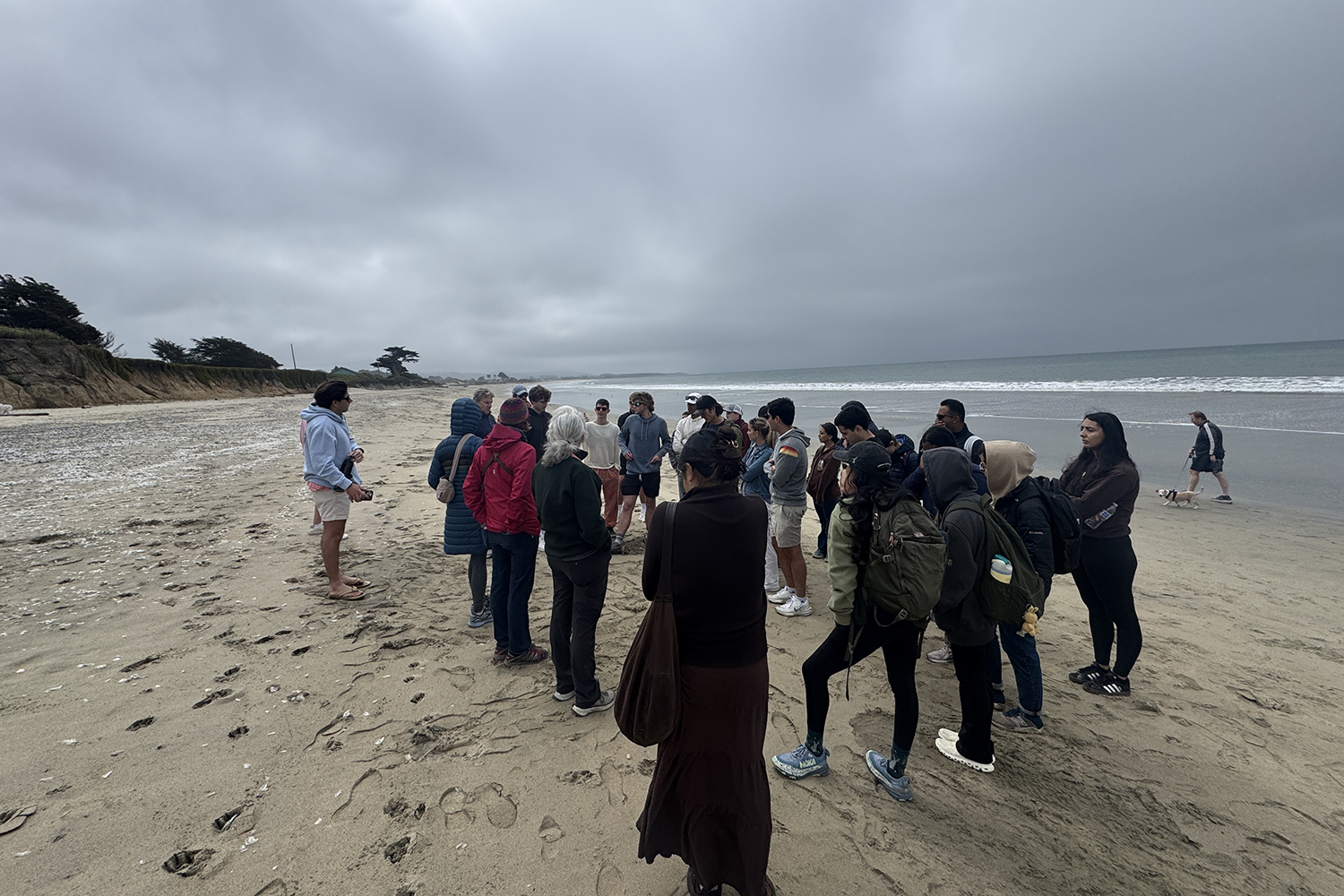Students and instructors gather on a beach in Half Moon Bay under gray, overcast skies, listening to a speaker.