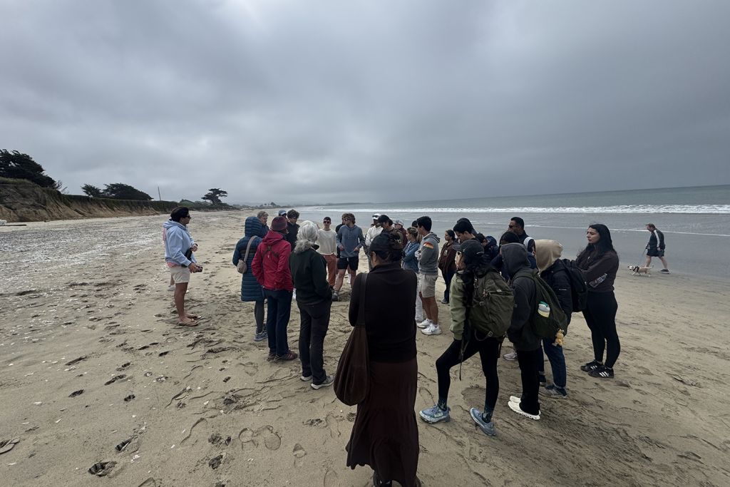 Students and instructors gather on a beach in Half Moon Bay under gray, overcast skies, listening to a speaker.