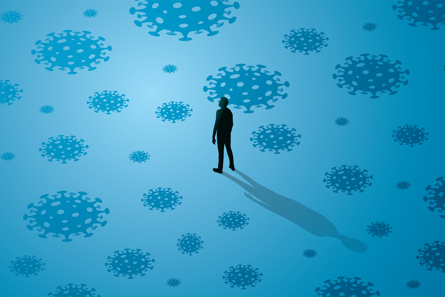 Illustration of a silhouetted person standing alone among scattered coronavirus particles on a blue background.