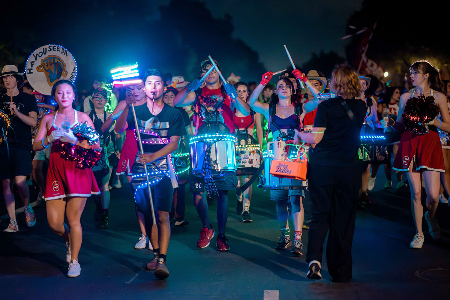 Drum Major Mathew Martinez leads the band toward Memorial Church.